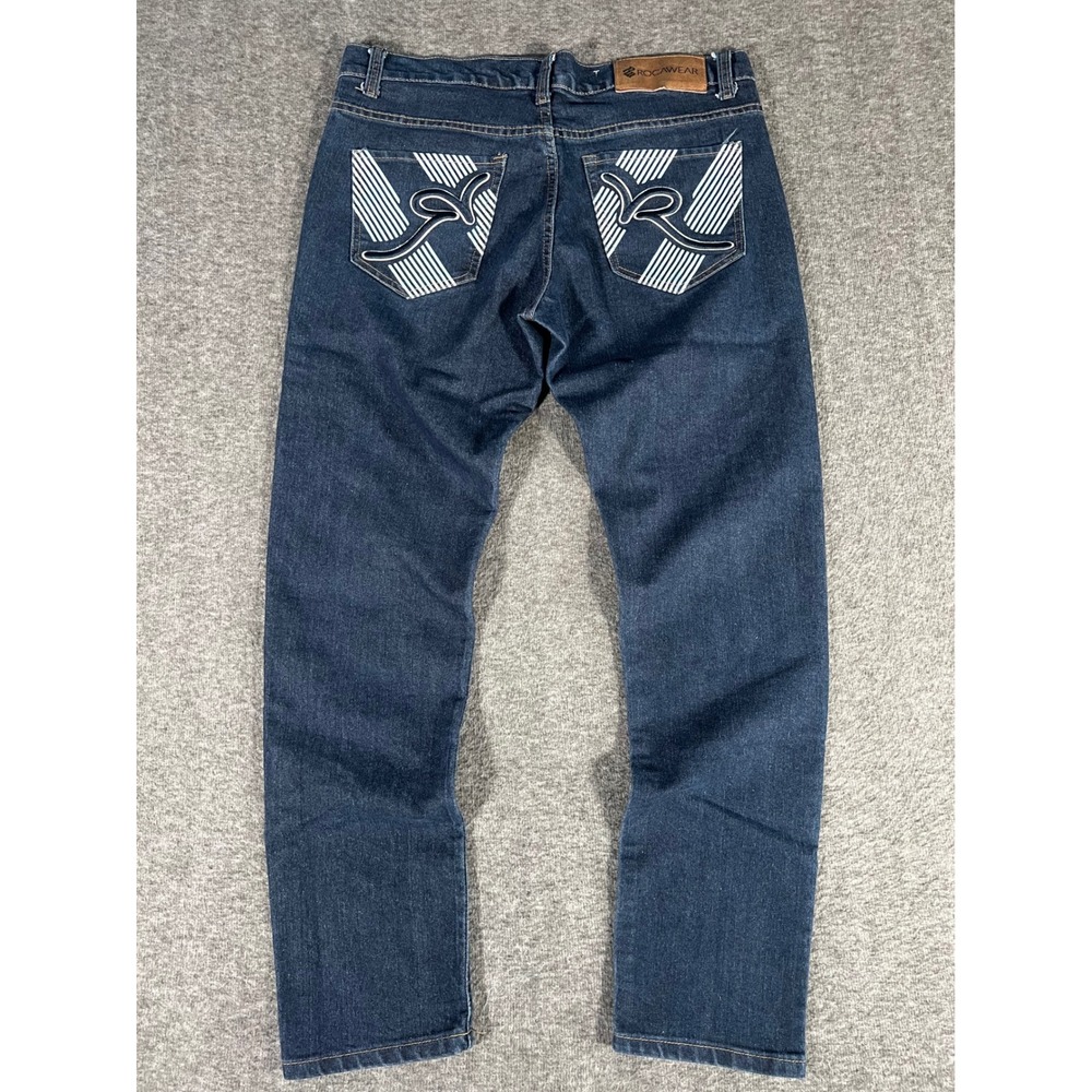 Rocawear Mens Slim Fit Dark Wash Jeans Y2K Embroidered Back Pocket W34 L32